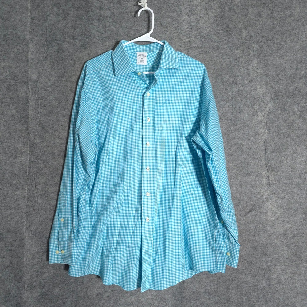 Brooks Brothers 1818 Shirt Men 17 34/35 Turquoise Gingham Regent Non-Iron Cotton
